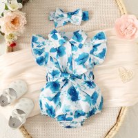 Mameluco de manga corta con estampado floral de algodón puro para niña bebé  Azul