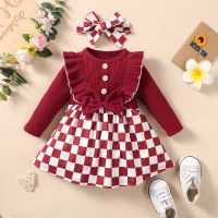 Baby Girl Ruffled Plaid Patchwork Bowknot Decor Button Front Long Sleeve Dress  Red