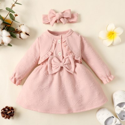 2-piece Baby Girl Pure Cotton Solid Color Bowknot Decor Long Sleeve Dress & Matching Headwrap