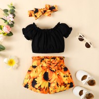 Baby Girl Solid Color Ruffle-sleeve Top & Laced Floral Shorts With Headband  Black