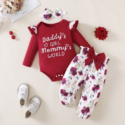 Baby Girl 3 Pieces Letter Printed Bodysuit & Floral Pants & Headband