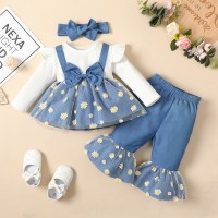 3-piece Baby Girl Pure Cotton Floral Pattern Denim Mesh Patchwork Bowknot Decor Long Fly Sleeve Top & Floral Mesh Patchwork Flare Denim Pants & Bowknot Headwrap  Light Blue