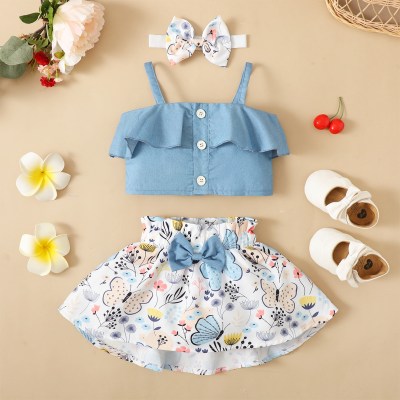 Hermosa blusa con volantes sólidos y falda floral con diadema para bebé niña