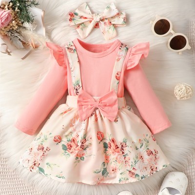 2-piece Baby Girl Pure Cotton Floral Patchwork Bowknot Decor Long Fly Sleeve Skirted Romper & Headwrap