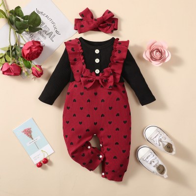 2-piece Baby Girl 100% Cotton Ruffled Heart Dotted Patchwork Bowknot Decor Button Front Long-sleeved Long-leg Romper & Bowknot Headwrap