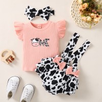 Baby Girl Cute Cattle Print Top And  Cow Pattern Overalls Shorts  with Headband  Pink