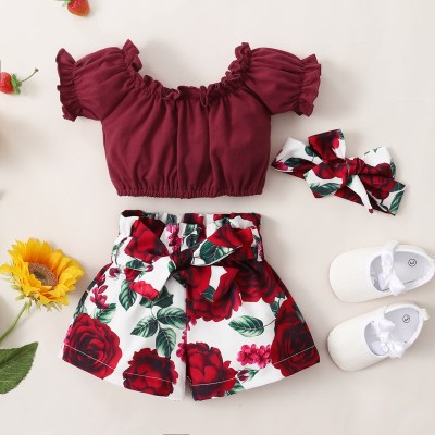 Baby Girl Solid  Ruffle-sleeve Top And  Beautiful Floral Shorts  with Headband