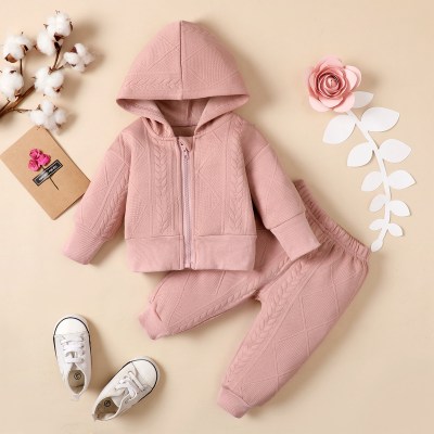 2-piece Baby Girl Pure Cotton Solid Color Zip-up Hooded Jacket & Pants