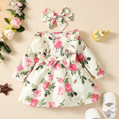 Baby Girl Pure Cotton Ruffled Allover Floral Pattern Bowknot Decor Long Sleeve Dress