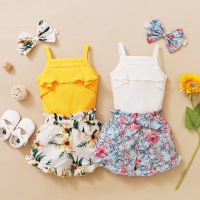 3-piece Baby Girl Pure Cotton Solid Color Ruffled Ribbed Cami Top & Allover Floral Pattern Shorts & Bowknot Headwrap
