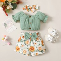3-piece Baby Girl Solid Color Slash Neck Short Sleeve Blouse & Bowknot Decor Floral Shorts & Headwrap  Green