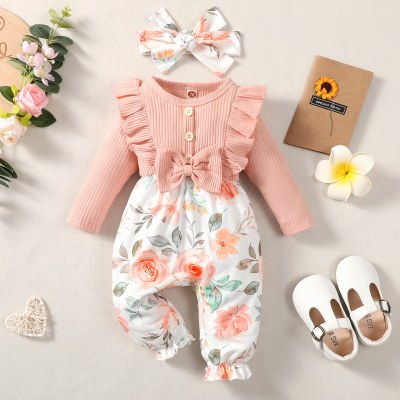 2-piece Baby Girl Pure Cotton Ribbed Ruffled Floral Patchwork Bowknot Decor Long-sleeved Long-leg Romper & Headwrap