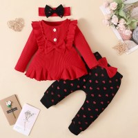 Baby Girl Sweet Ruffle Sleeve Sweater & Bowknot Decor Trousers With Headband  Red
