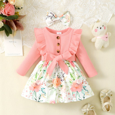 Baby Girl 3 Pieces Solid Color Floral Pattern Long Sleeve Dress & Waistband & Headband