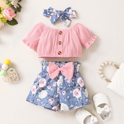 3-piece Baby Girl Pure Cotton Solid Color Slash Neck Button Front Top & Allover Floral Bowknot Decor Shorts & Matching Headwrap