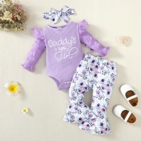 Baby Girl 3 قطع بنمط رسالة على شكل فراشة ملابس داخلية للديكور وسراويل بنمط الأزهار وعقال  أرجواني