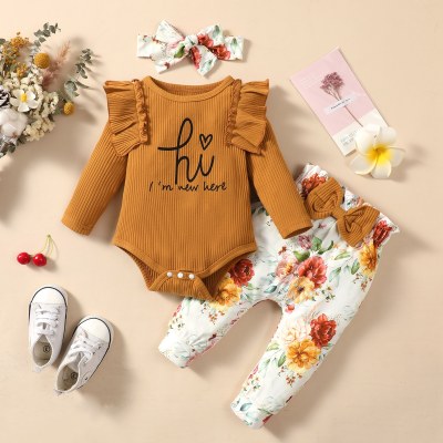 3-piece Baby Girl 100% Cotton Solid Color Ribbed Letter Printed Long Fly Sleeve Romper & Foral Bowknot Decor Pants & Matching Haedwrap