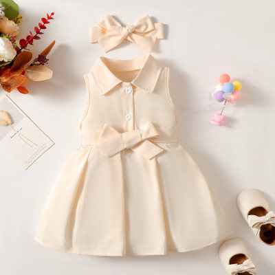3-piece Baby Girl Solid Color Sleeveless Shirt Dress & Bowknot Belt & Headwrap