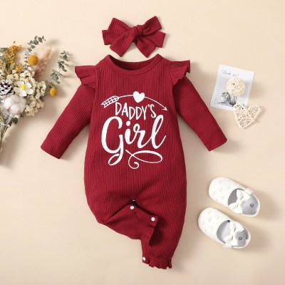 2-piece Baby Girl Pure Cotton Solid Color Letter Printed Ruffled Long-sleeved Long-leg Romper & Bowknot Headwrap