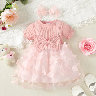 2-piece Baby Girl Pure Cotton Solid Color Mesh Patchwork Bowknot Decor Short Sleeve Dress & Bowknot Headwrap