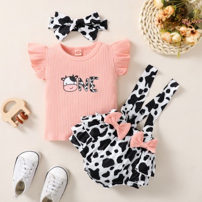 Baby Girl Cute Cattle Print Top And  Cow Pattern Overalls Shorts  with Headband