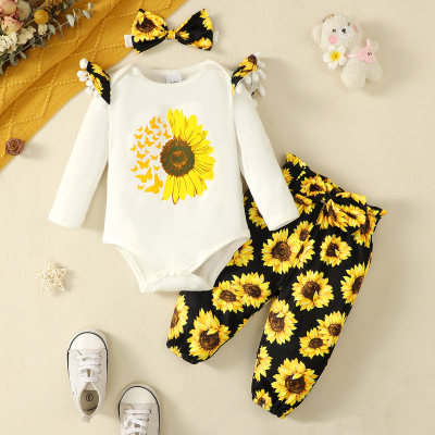 Baby Girl 3 Pieces Solid Color Sunflower Pattern Bodysuit & Floral Pattern Pants & Headband