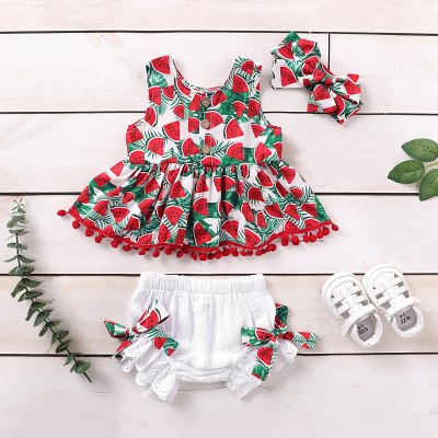 Baby Girl Watermelon Printed Tassel Dress & Shorts & Headband