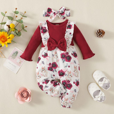 Baby Floral Bowknot Decor Long-sleeved Long-leg Romper with Headband