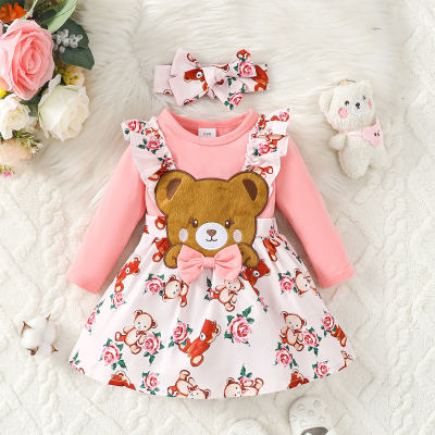 Baby Girl 2 Pieces Floral Applique Bear Graphics Ruffle-sleeve Long Sleeve Dress & Headband