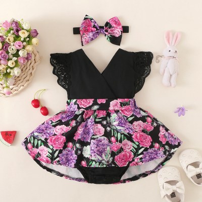 Baby Girl Lace Sleeve Patchwork Floral  Bodysuit with Headband