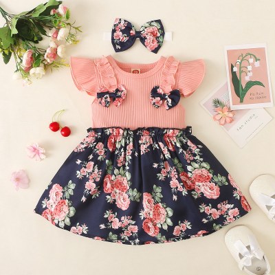 Baby Girl  Sweet Floral Print Color-block Dress with Headband