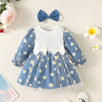 Baby Girl 2 Pieces Color-block Floral Pattern Long Sleeve Mesh Dress & Headband