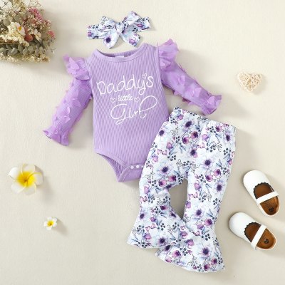 Baby Girl 3 قطع بنمط رسالة على شكل فراشة ملابس داخلية للديكور وسراويل بنمط الأزهار وعقال
