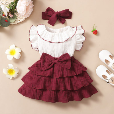 Baby Girl  Sweet Color-block  Bowknot  Ruffles Dress with Headband