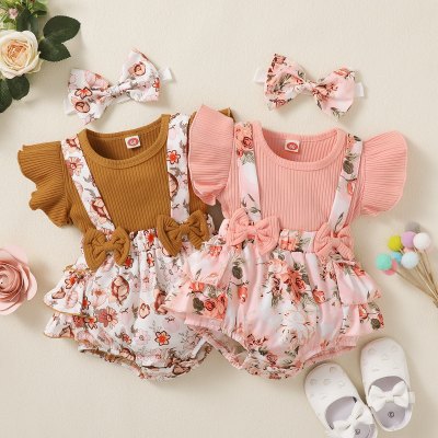 Baby Girl Patchwork Floral Bowknot Ruffle-sleeve Bodysuit with Headband