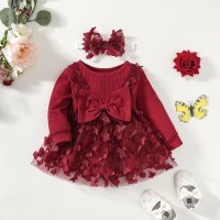 Baby Girl 2 Pieces Bowknot Butterfly Decor Mesh Long Sleeve Dress & Headband  Red