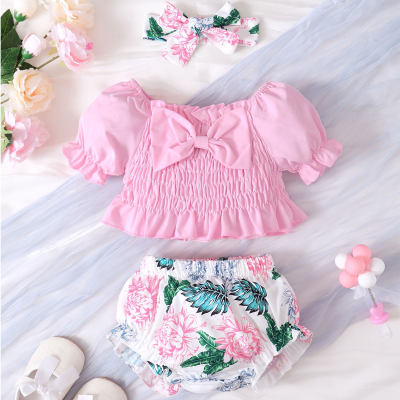 3-piece Baby Girl Solid Color Bowknot Decor Slash Neck Short Sleeve Blouse & Floral Shorts & Headwrap
