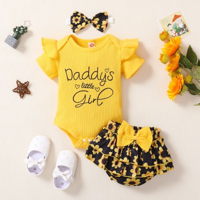 Baby Girl Beautiful Ruffle-sleeve Bodysuit And Floral Shorts with Headband