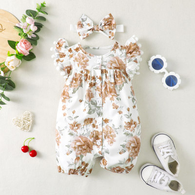 Baby Girl 2 Pieces Floral Pattern Sleeveless Boxer Romper & Headband