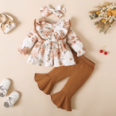 3-piece Baby Girl 100% Cotton Floral Printed Ruffled Button Front Long Sleeve Top & Solid Color Flare Pants & Floral Bowknot Headwrap