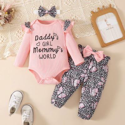 Bebé niña 3 piezas Body con estampado de letras de color liso y pantalones y diadema con estampado de mariposa de leopardo
