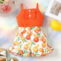 Baby Girls Suspender T-shirt with Printed Shorts Set  Orange