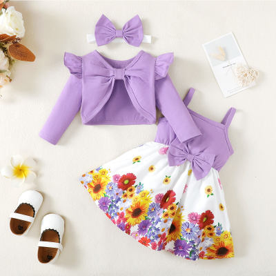 3-teiliges einfarbiges Oberteil für Mädchen, Kleid mit Blumenmuster und Stirnband