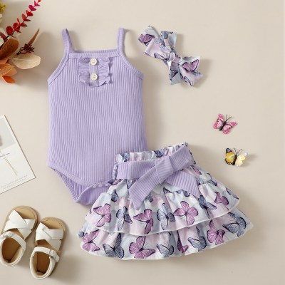 Mameluco de camisola acanalado de color liso para niña de 4 piezas y vestido floral con volantes, cinturón y diadema