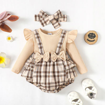 Baby Girl 2 Pieces Plaid Color-block Bowknot Long Sleeve Triangle Romper & Headband