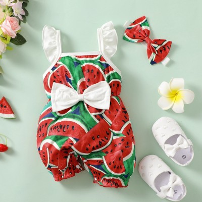 Baby Girl Cute Watermelon Ruffle Sleeve Bodysuit with Headband