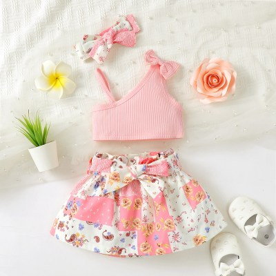 3-piece Baby Girl Pure Cotton Solid Color Dew Shoulder Bowknot Decor Vest & Allover Floral Skirt & Headwrap