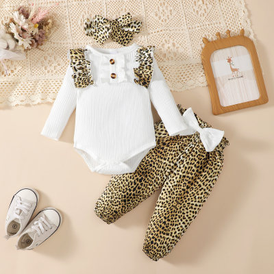 Baby Girl 3 Pieces Solid Color Bodysuit & Bow-knot Decor Leopard Pattern Pants & Headband