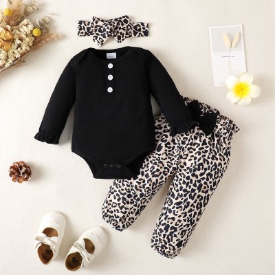 Baby Girl Long Sleeve Romper & Leopard Printed Pants With Headband