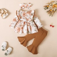 3-piece Baby Girl 100% Cotton Floral Printed Ruffled Button Front Long Sleeve Top & Solid Color Flare Pants & Floral Bowknot Headwrap  multicolor